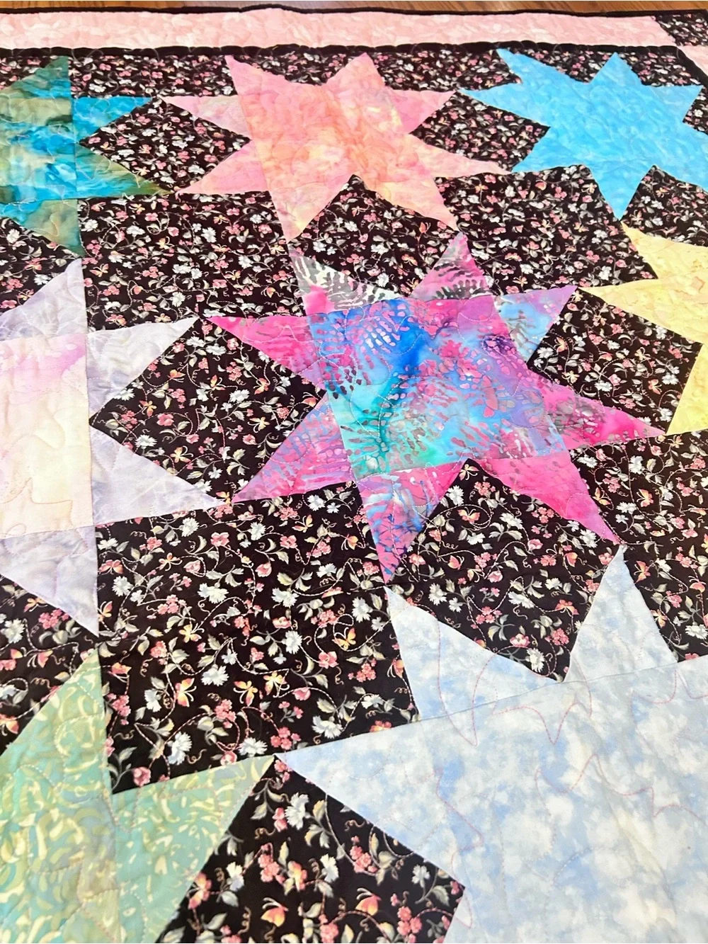 Handmade Ohio Star Quilt Pastel Batik Floral Throw Blanket Pink cottagecore blk
